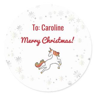 Magical Modern Unicorn Snowflakes Name Script Xmas Classic Round Sticker