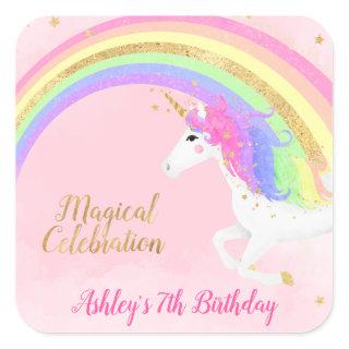 Magical Unicorn Birthday  | Gold Rainbow Square Sticker