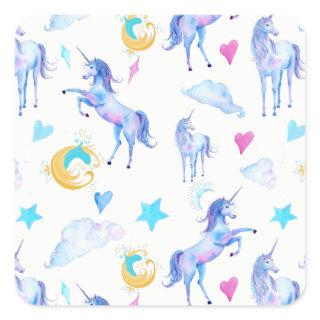 Magical Unicorn Pattern Watercolor Fantasy Design Square Sticker