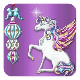 Magical Unicorn Purple Christmas Square Sticker