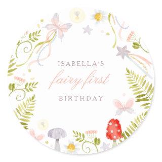 Magical Watercolor Greenery Fairy First Birthday Classic Round Sticker