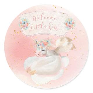 Magical Watercolor Pink Unicorn Baby Shower Classic Round Sticker
