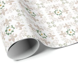 Magnolias | Fleur de Lis Pattern - Greige | White