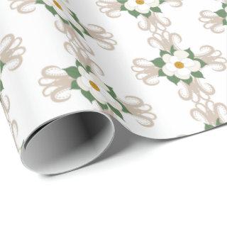 Magnolias on Crosses Floral Pattern Greige | White