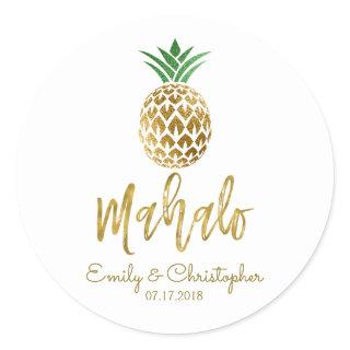 Mahalo Tropical Hawaiian Pineapple Wedding White Classic Round Sticker