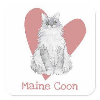 Maine Coon Cat Watercolor Kitty Pink Heart Square Sticker