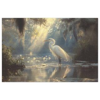 Majestic Egret Standing in a Serene Sunlit Swamp Tissue Paper
