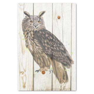 Majestic owl on faded wood planks tissue paper