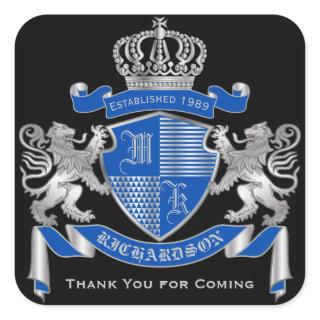 Make Your Own Coat of Arms Blue Silver Lion Emblem Square Sticker