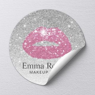 Makeup Artist Pink Lips Modern Silver Glitter Classic Round Sticker