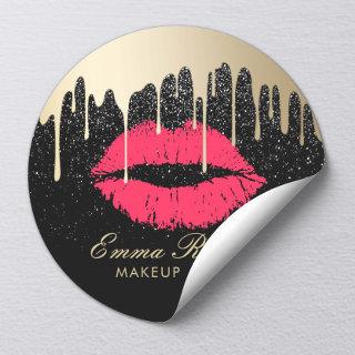 Makeup Artist Red Lips Gold Drips Modern Black Classic Round Sticker
