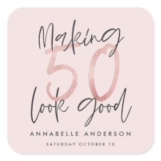 Making 50 look good girly pink glitter birthday square sticker