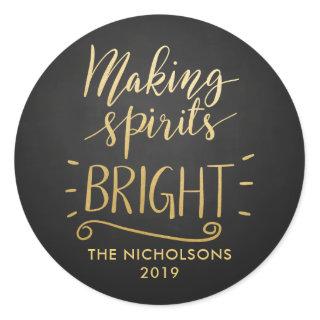 Making Spirits Bright Chalkboard Gold Foil Script Classic Round Sticker