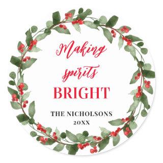 Making Spirits Bright | Holly Red Berries Wreath Classic Round Sticker