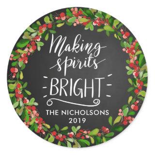 Making Spirits Bright | Wreath Berries Chalkboard Classic Round Sticker