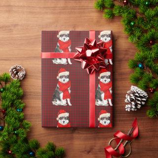 Malamute Dog and Red Plaid Christmas Wrapping Pape
