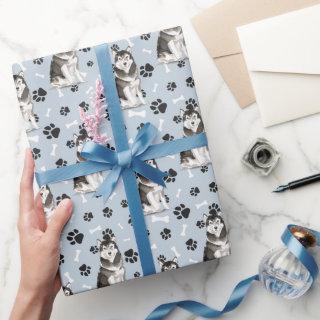 Malamute Dog Paw Print Pattern on Silver Blue