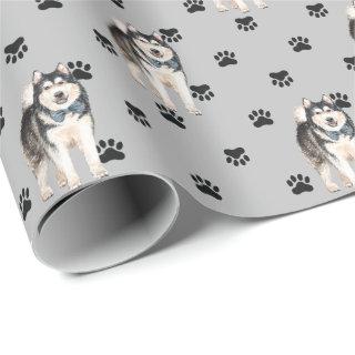Malamute Dog Paw Print Pattern on Silver