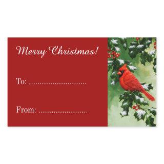Male Cardinal and Holly Branch Red Rectangular Sticker