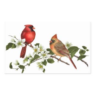 Male Female Cardinals Dogwood Blossoms Branch Rectangular Sticker