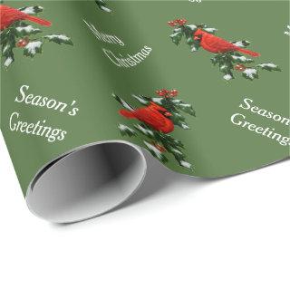 Male Red Cardinal and Holly Green
