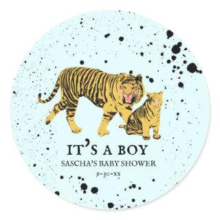 Mama Tiger Paint Splatter Blue Boy Baby Shower Classic Round Sticker