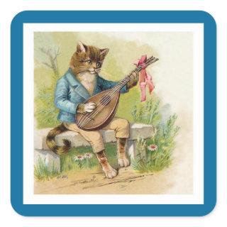 Mandolin-Playing Cat in Shimmering Sky Blue Jacket Square Sticker