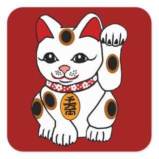 Maneki Neko Cat on Red Background Square Sticker
