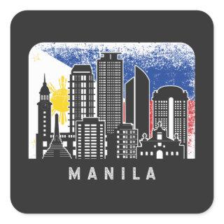 Manila NCR Skyline Vintage Philippines Flag Square Sticker