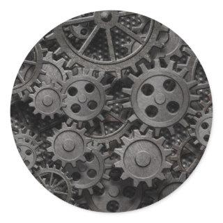 Many old rusty metal gears or machine parts classic round sticker