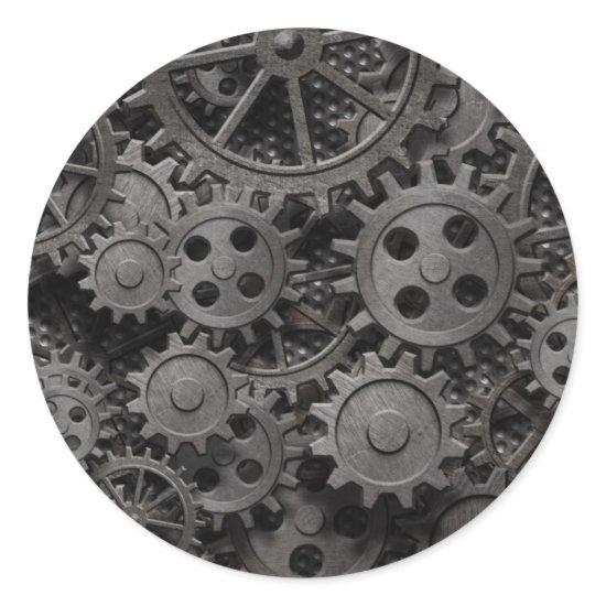Many old rusty metal gears or machine parts classic round sticker