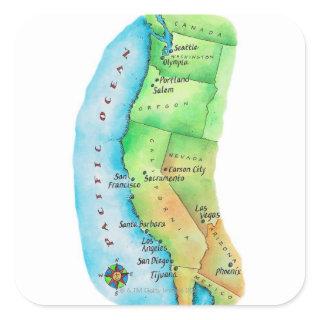 Map of American West Coast Square Sticker