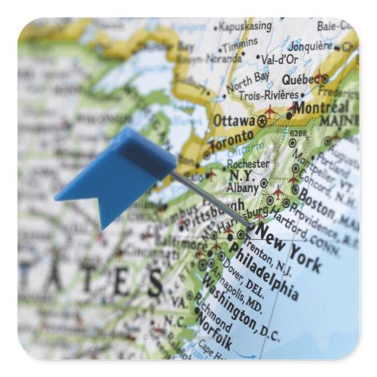 Map pin placed on New York City on map, close-up Square Sticker