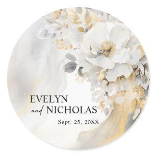 Marble Agate Gold Grey Floral Peony Flower Wedding Classic Round Sticker