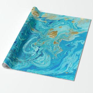 Marbled blue and golden abstract background. Liqui