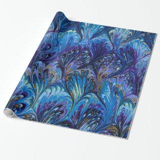 MARBLED PAPER,ABSTRACT BLUE PEACOCK PATTERN,SWIRLS