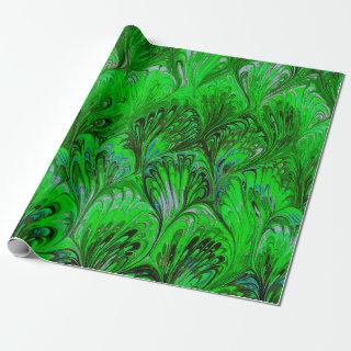 MARBLED PAPER,ABSTRACT GREEN PEACOCK PATTERN
