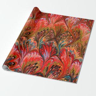 MARBLED PAPER,ABSTRACT RED BLUE PEACOCK PATTERN