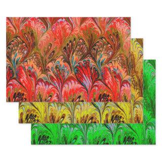 MARBLED PAPER,ABSTRACT RED GREEN YELLOW PATTERN   SHEETS