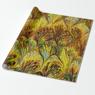 MARBLED PAPER,ABSTRACT YELLOW PEACOCK PATTERN