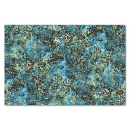 Marbled Teal Turquoise Faux Gold Agate Art Pattern Tissue Paper