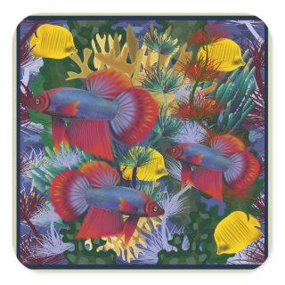 Maritime Undersea Colorful Fish Red Yellow Seaweed Square Sticker