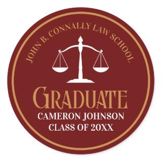 Maroon Gold Law School Graduation Party Classic Round Sticker