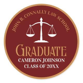 Maroon Gold Law School Graduation Party Classic Round Sticker