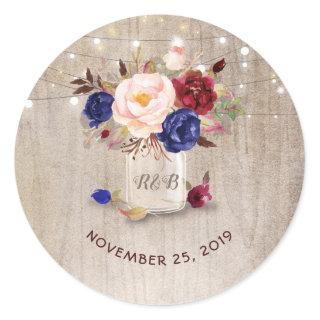 Marsala and Blue Flowers Mason Jar Rustic Wedding Classic Round Sticker