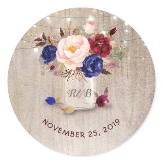 Marsala and Blue Flowers Mason Jar Rustic Wedding Classic Round Sticker