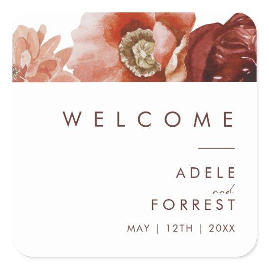 Marsala Autumn Floral | White Wedding Welcome Square Sticker