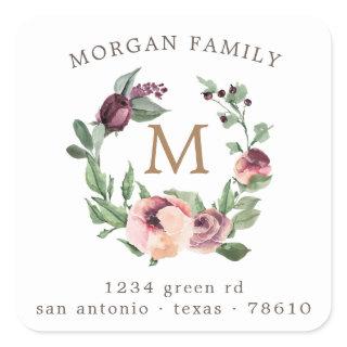 marsala floral monogram return address square sticker