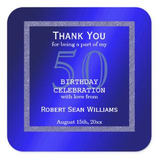 Masculine Blue & Glitter Frame 50th Birthday  Square Sticker