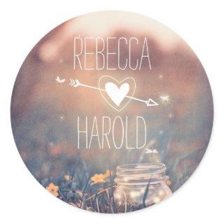 Mason Jar Fireflies Rustic Wedding Classic Round Sticker